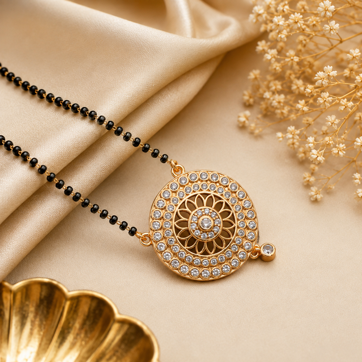 American Diamond gold mangalsutra with black beads and circular floral pendant