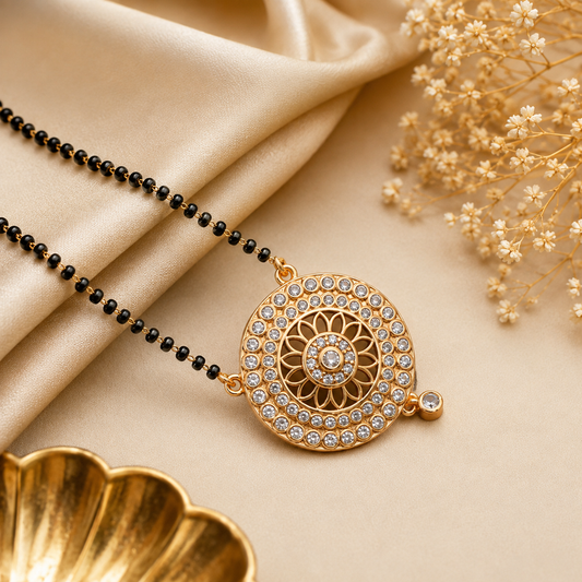 American Diamond gold mangalsutra with black beads and circular floral pendant