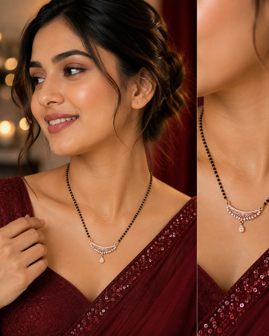 American Diamond mangalsutra with black beads and fan-shaped pendant for women