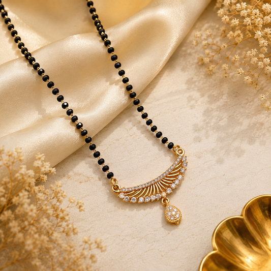 American Diamond mangalsutra with black beads and fan-shaped pendant for women