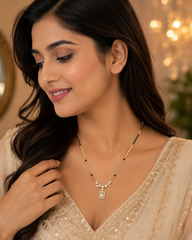 American Diamond mangalsutra with black beads and rectangular pendant for women