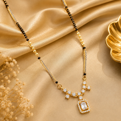 American Diamond mangalsutra with black beads and rectangular pendant for women