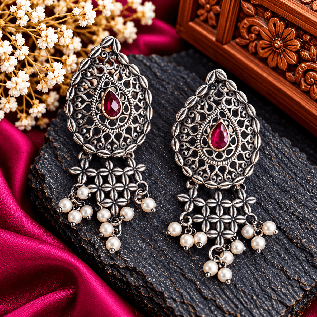 Antique Oxidized Silver Filigree Earrings with Ruby Red Stone and Pearl Tassels | The Mirage Fashion