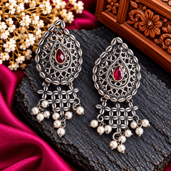 Antique Oxidized Silver Filigree Earrings with Ruby Red Stone and Pearl Tassels | The Mirage Fashion