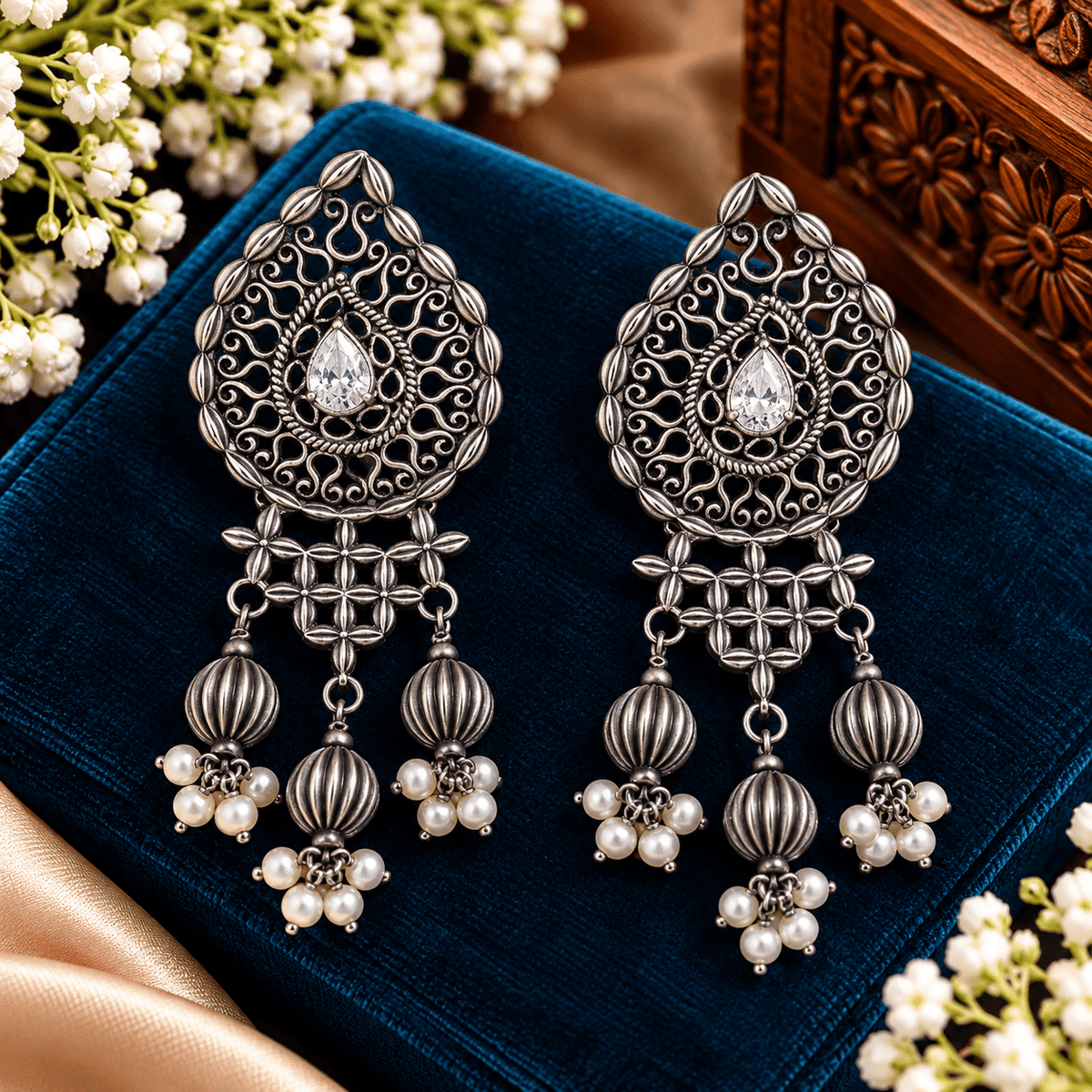 Antique Oxidized Silver Filigree Teardrop Earrings with Crystal Stone and Pearl Tassels | The Mirage Fashion