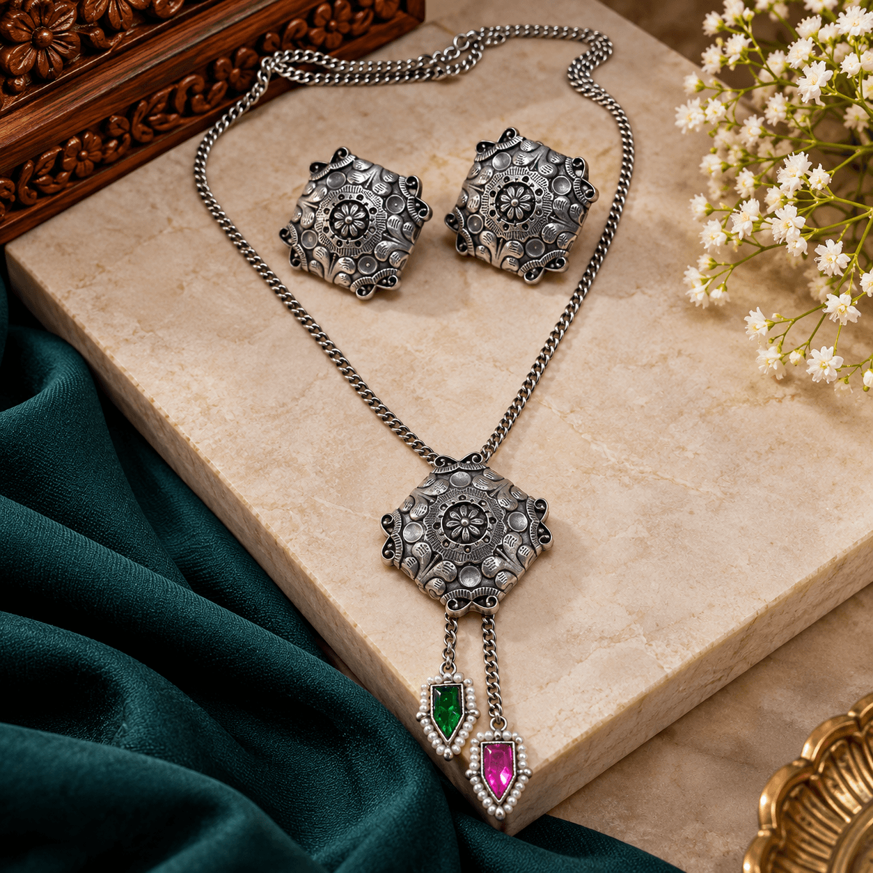 antique-oxidized-silver-necklace-set-geometric-pendant
