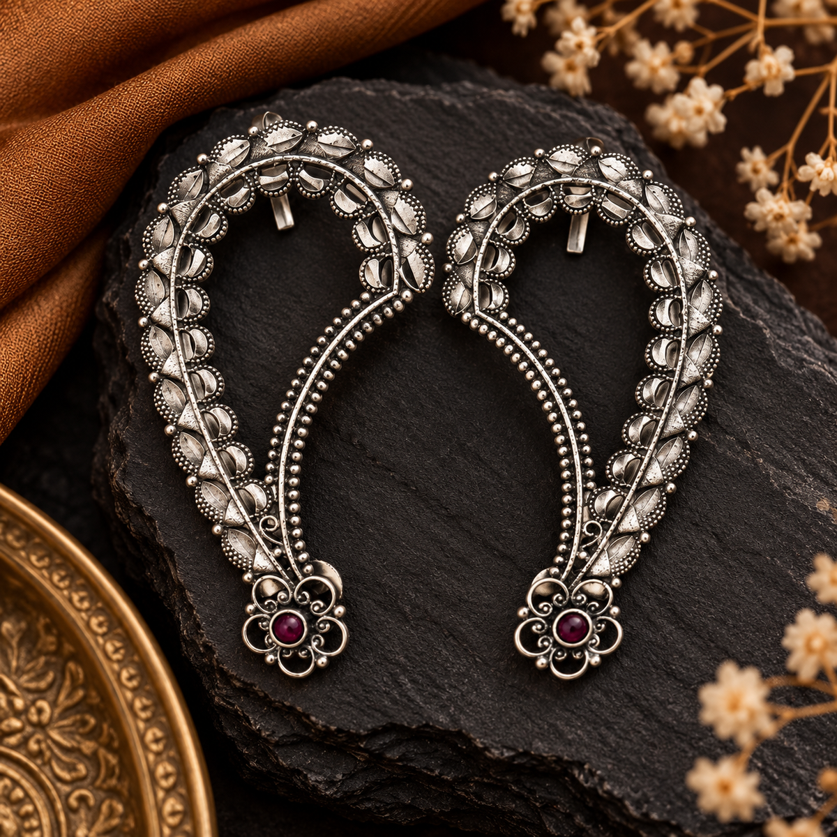 Antique Silver Oxidized Paisley Earrings with Ruby Stone | The Mirage Fashion