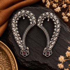 Antique Silver Oxidized Paisley Earrings with Ruby Stone | The Mirage Fashion