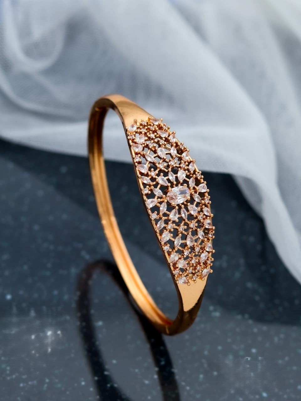 Rose Gold American Diamond Kada Bracelet for Women | Floral CZ Designer Bangle (Party & Wedding Wear)