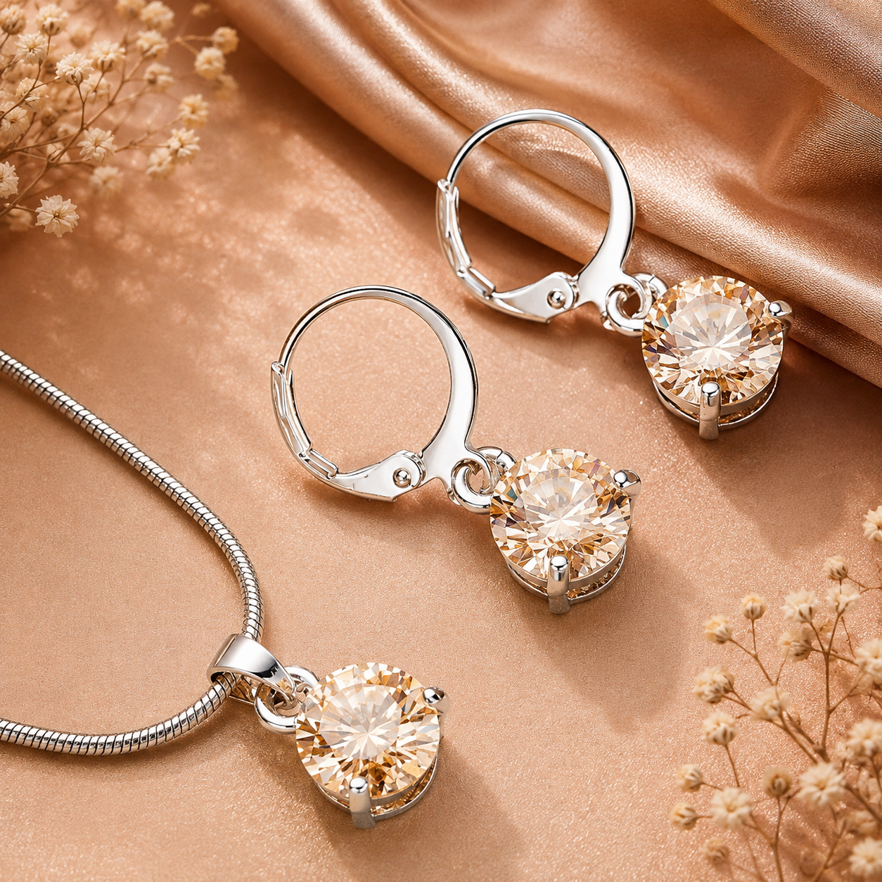beige  crystal pendant necklace and matching earrings set for women