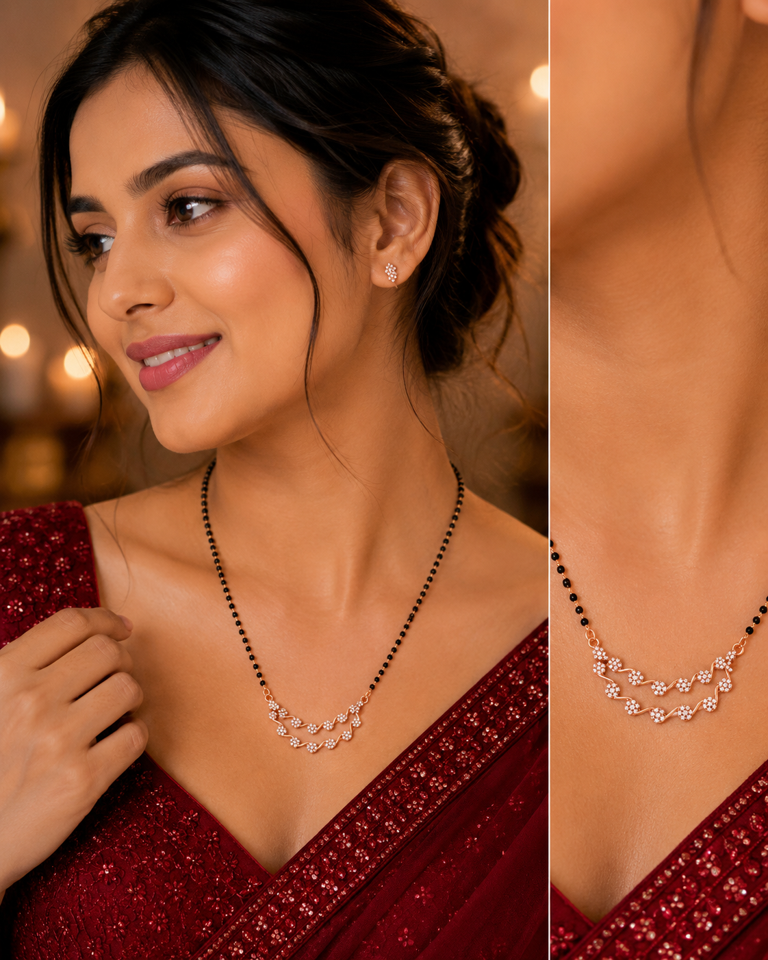American Diamond mangalsutra with black beads and floral pendant for women