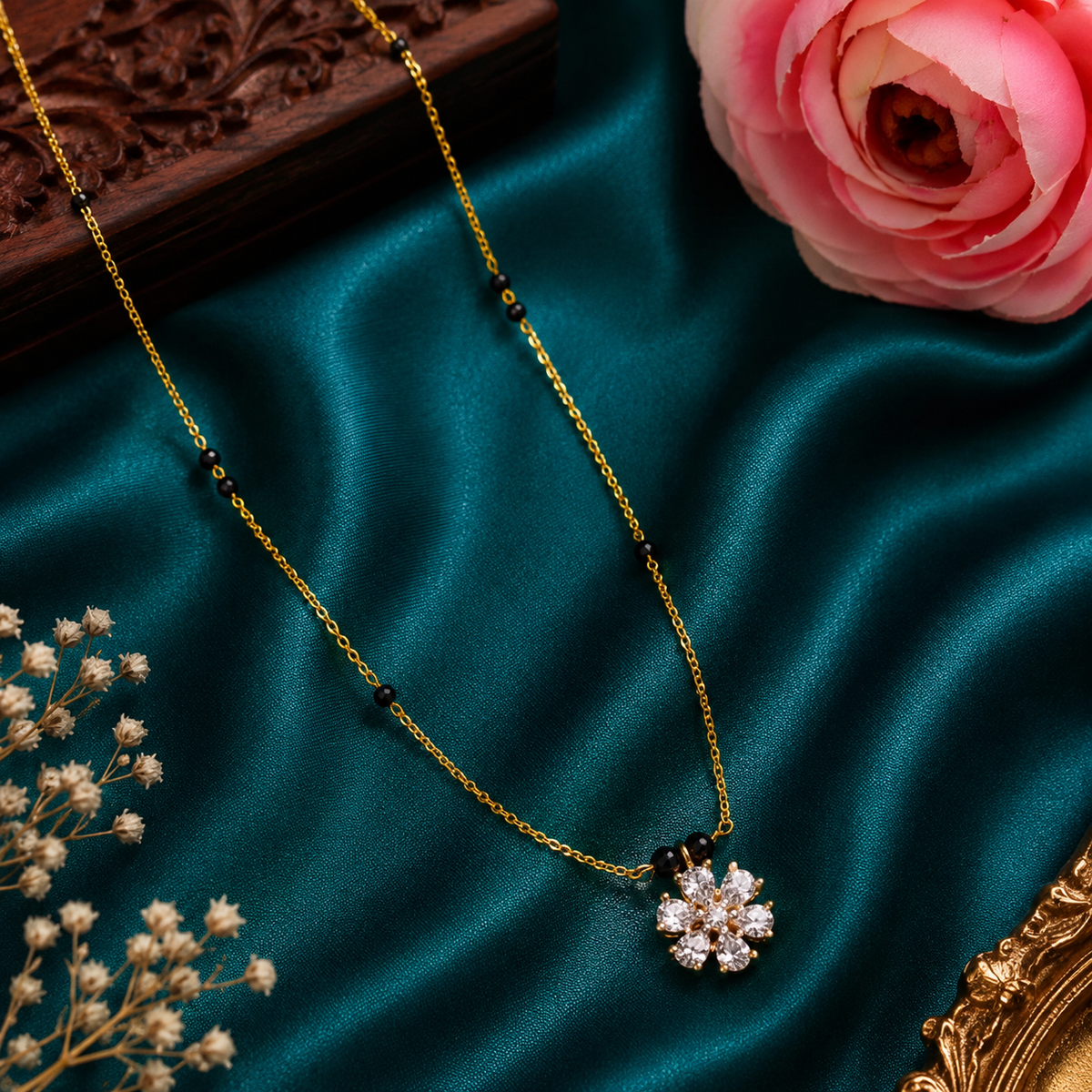 18 inch black beaded mangalsutra with floral CZ pendant