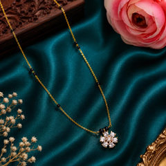 18 inch black beaded mangalsutra with floral CZ pendant