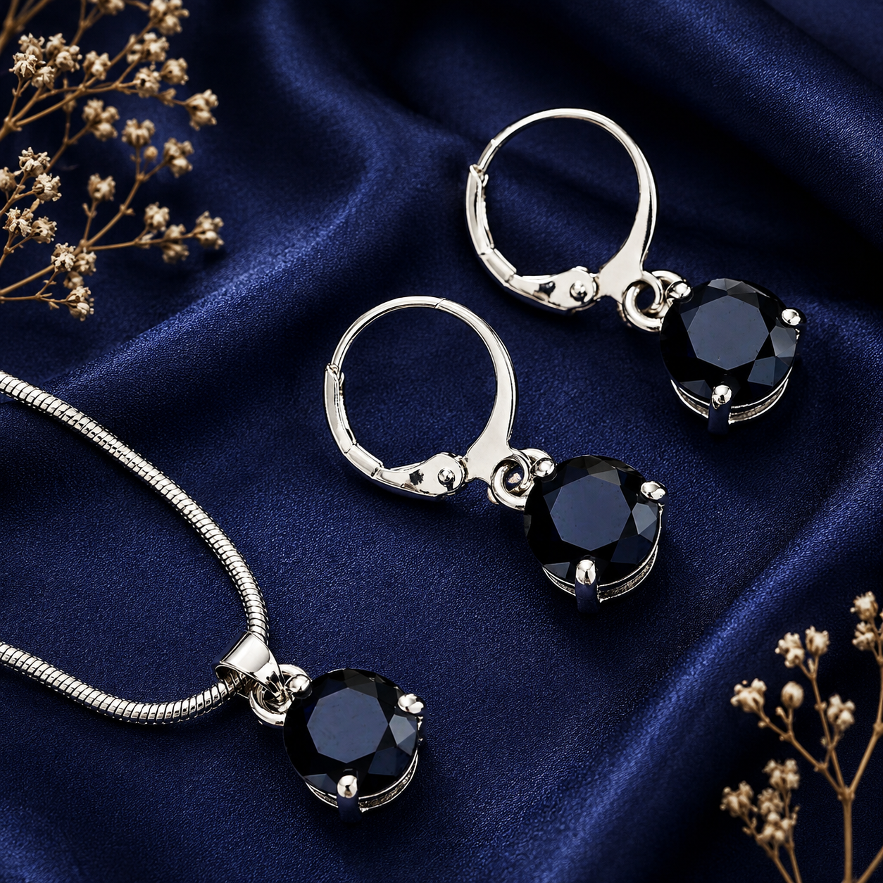 Black crystal pendant necklace and matching earrings set for women