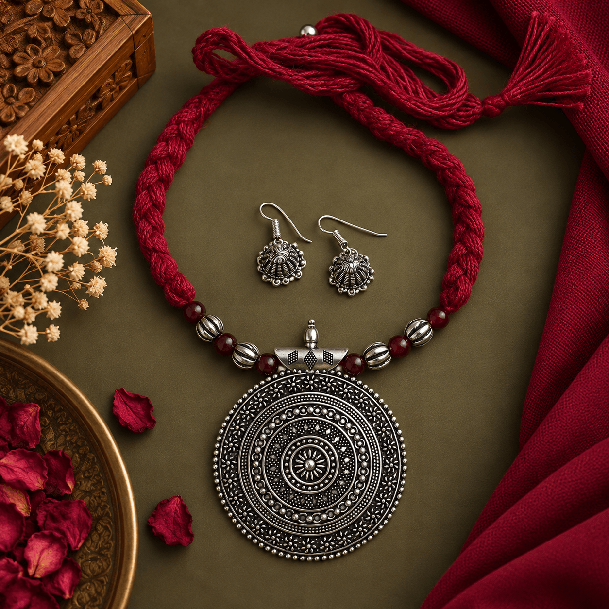 Black oxidized round pendant necklace with intricate silver-tone detailing, red braided thread and matching oxidized earrings