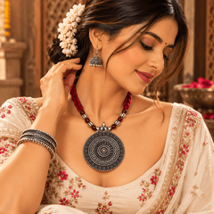 Black oxidized round pendant necklace with intricate silver-tone detailing, red braided thread and matching oxidized earrings