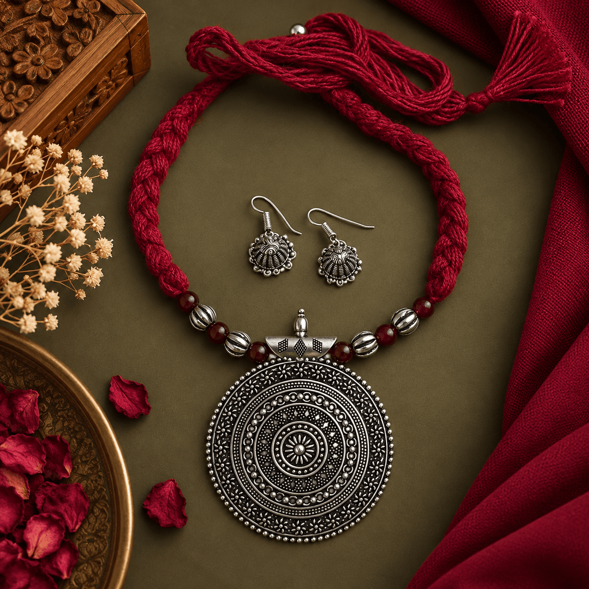 Black oxidized round pendant necklace with intricate silver-tone detailing, red braided thread and matching oxidized earrings