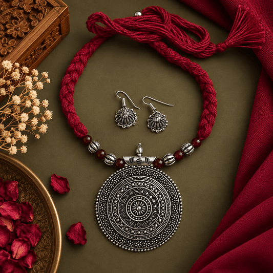 Black oxidized round pendant necklace with intricate silver-tone detailing, red braided thread and matching oxidized earrings