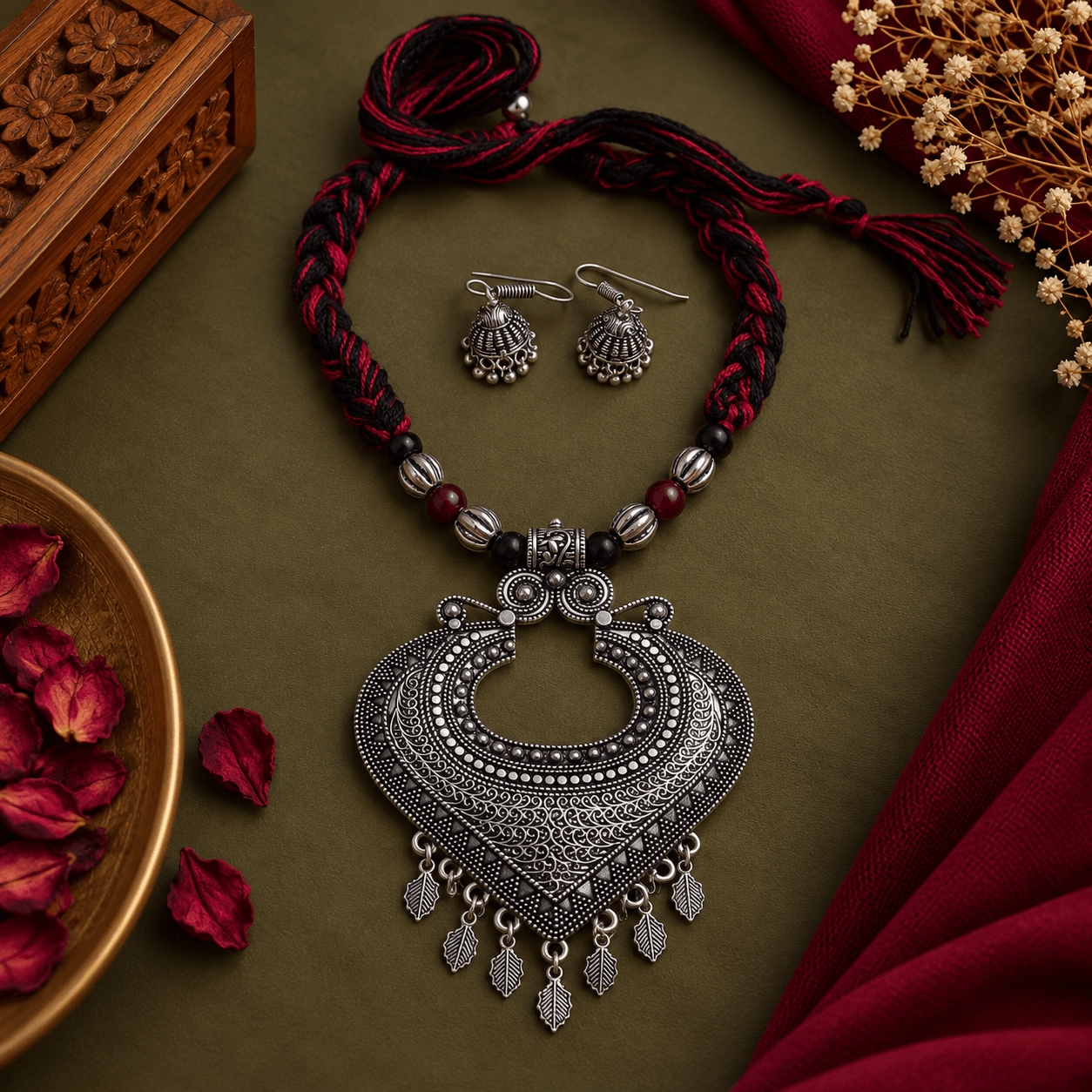 Black and red braided thread oxidized statement necklace with intricate silver pendant and matching jhumka earrings for women by The Mirage Fashion.