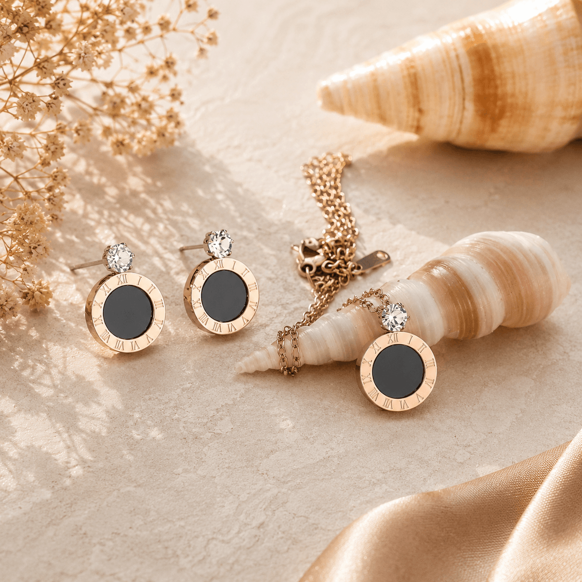 Black Roman numeral pendant necklace and matching earrings set for women