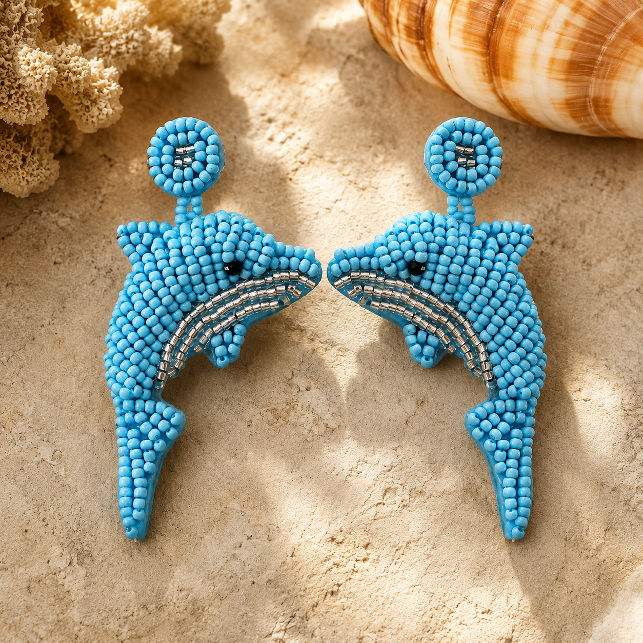 Blue beaded dolphin statement earrings for women