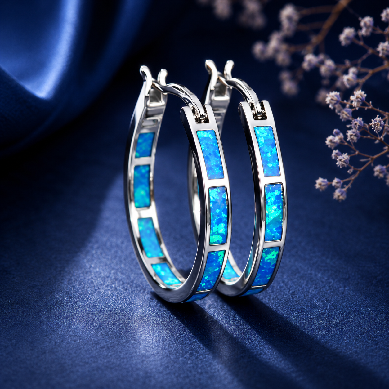 Blue green iridescent opal effect hoop earrings for women