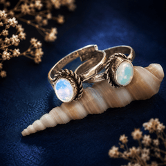 Pair of blue opal-style toe rings with oval stones and oxidized silver-tone decorative settings by The Mirage Fashion.