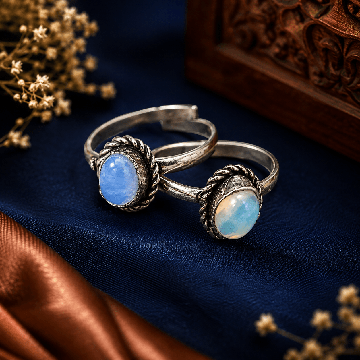 Pair of blue opal-style toe rings with oval stones and oxidized silver-tone decorative settings by The Mirage Fashion.