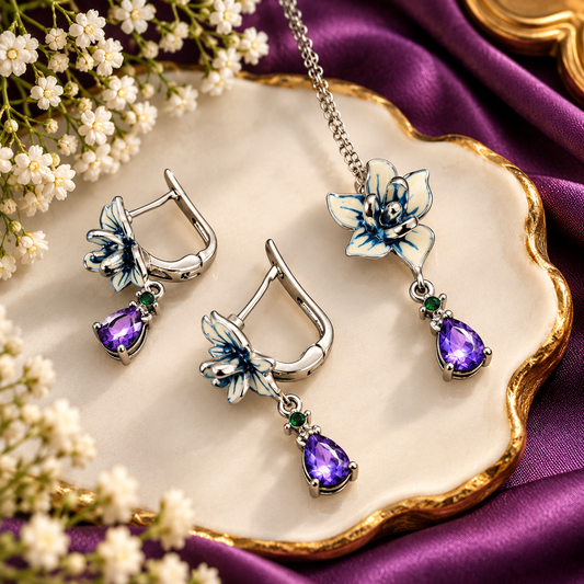 Blue and white floral pendant necklace set with purple teardrop stones, green accents and matching silver-tone earrings