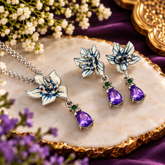 Blue and white floral pendant necklace set with purple teardrop stones, green accents and matching silver-tone earrings