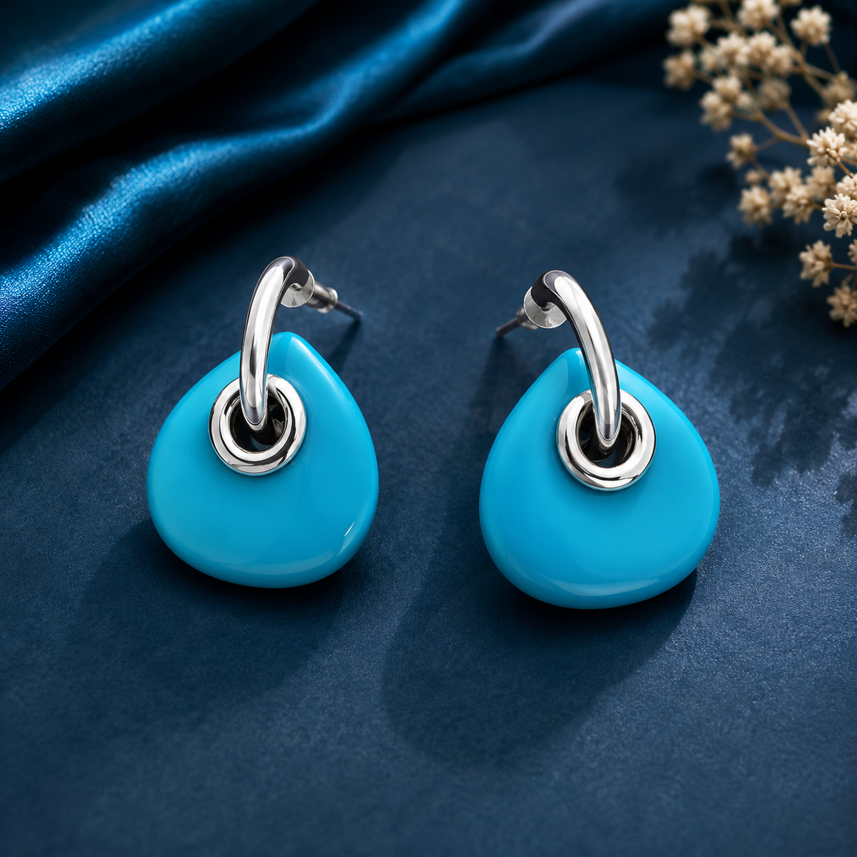 Blue turquoise teardrop statement earrings for women in Silver finish
