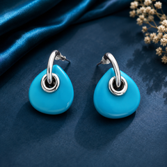 Blue turquoise teardrop statement earrings for women in Silver finish
