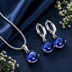 Blue  crystal pendant necklace and matching earrings set for women