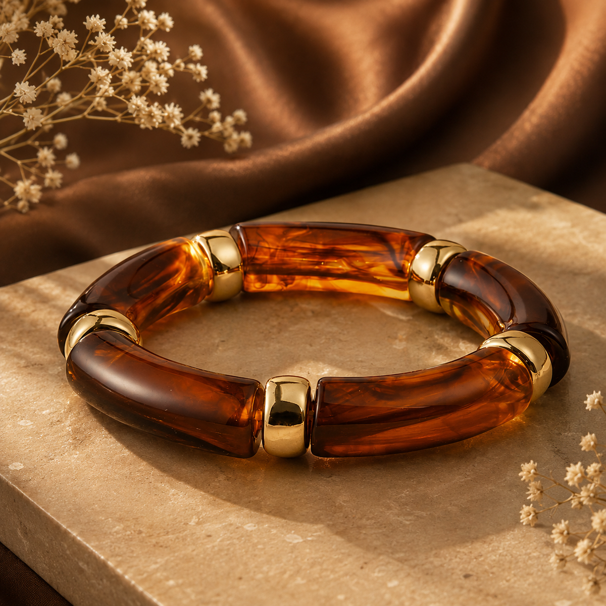 Brown tortoiseshell open kada for women with gold-tone accents
