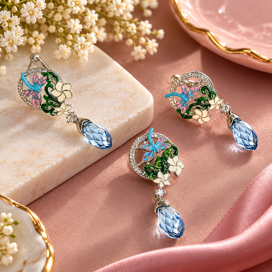 Butterfly Garden Blue Teardrop Earrings with Floral Enamel Design | The Mirage Fashion