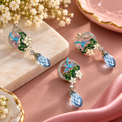 Butterfly Garden Blue Teardrop Earrings with Floral Enamel Design | The Mirage Fashion