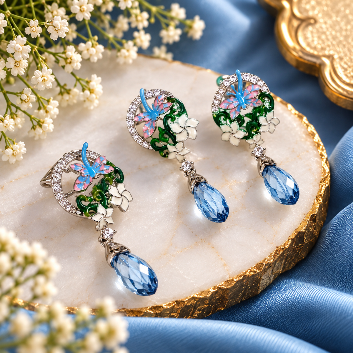Butterfly Garden Blue Teardrop Earrings with Floral Enamel Design | The Mirage Fashion