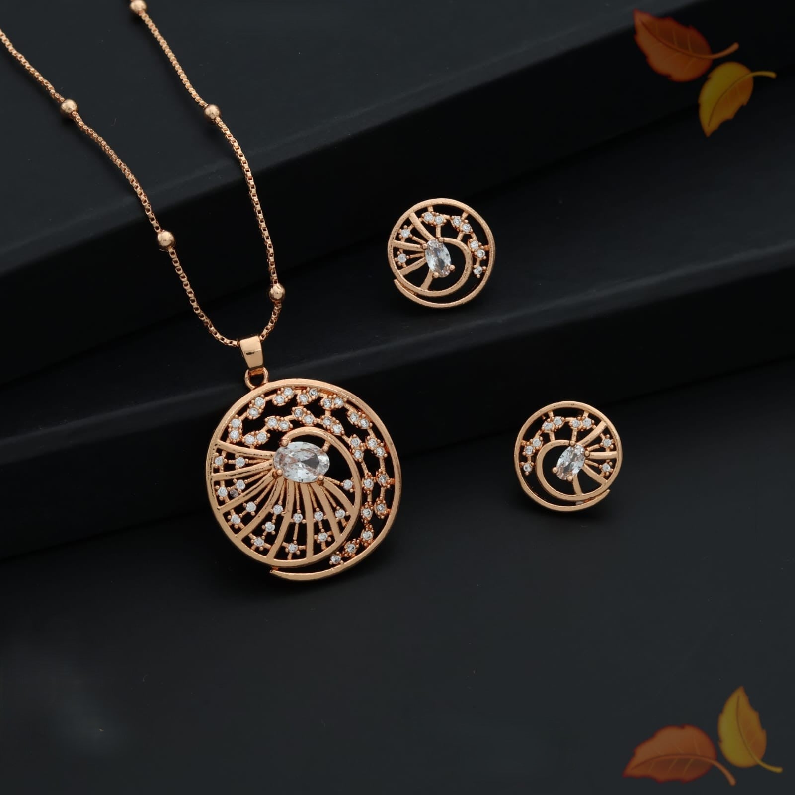 Rose Gold Round Swirl Pendant Set with Earrings | American Diamond CZ Necklace Set for Women