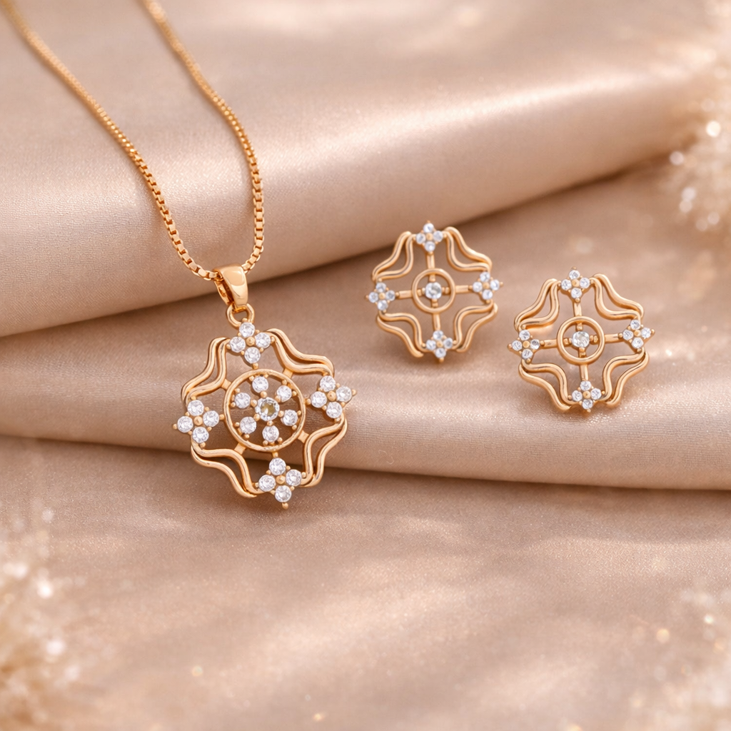Mirage - Rose Gold American Diamond Floral Pendant Set with Earrings | CZ Designer Necklace Set for Women