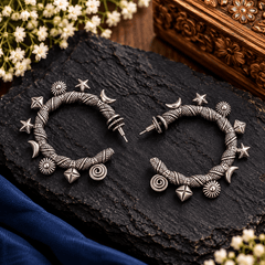 Celestial Charm Oxidized Silver Hoop Earrings with Star & Moon Motifs | The Mirage Fashion