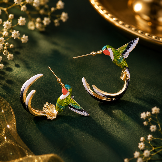 Colorful hummingbird hoop earrings with green enamel detailing for women
