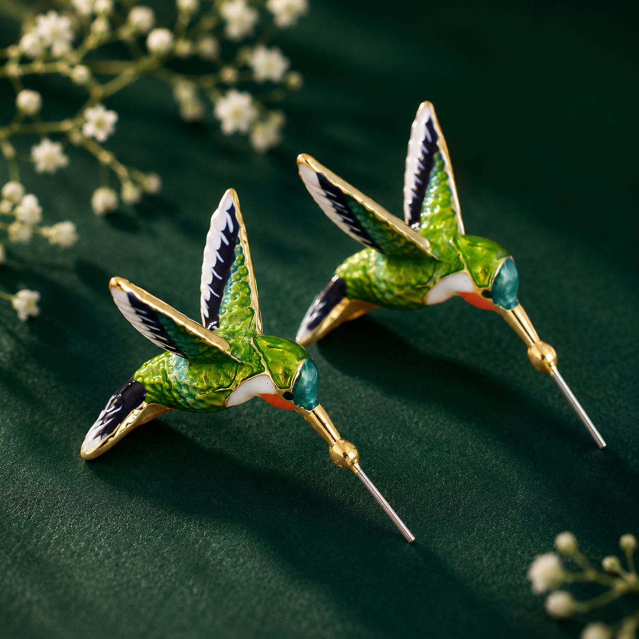 Colorful hummingbird hoop earrings with green enamel detailing for women