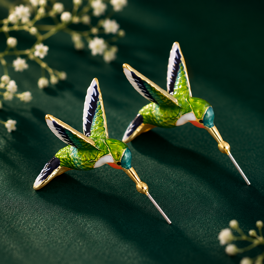 Colorful hummingbird hoop earrings with green enamel detailing for women