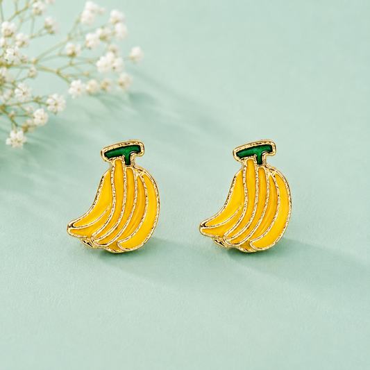 Cute yellow banana stud earrings with green stem and gold-tone detailing for women