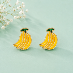 Cute yellow banana stud earrings with green stem and gold-tone detailing for women