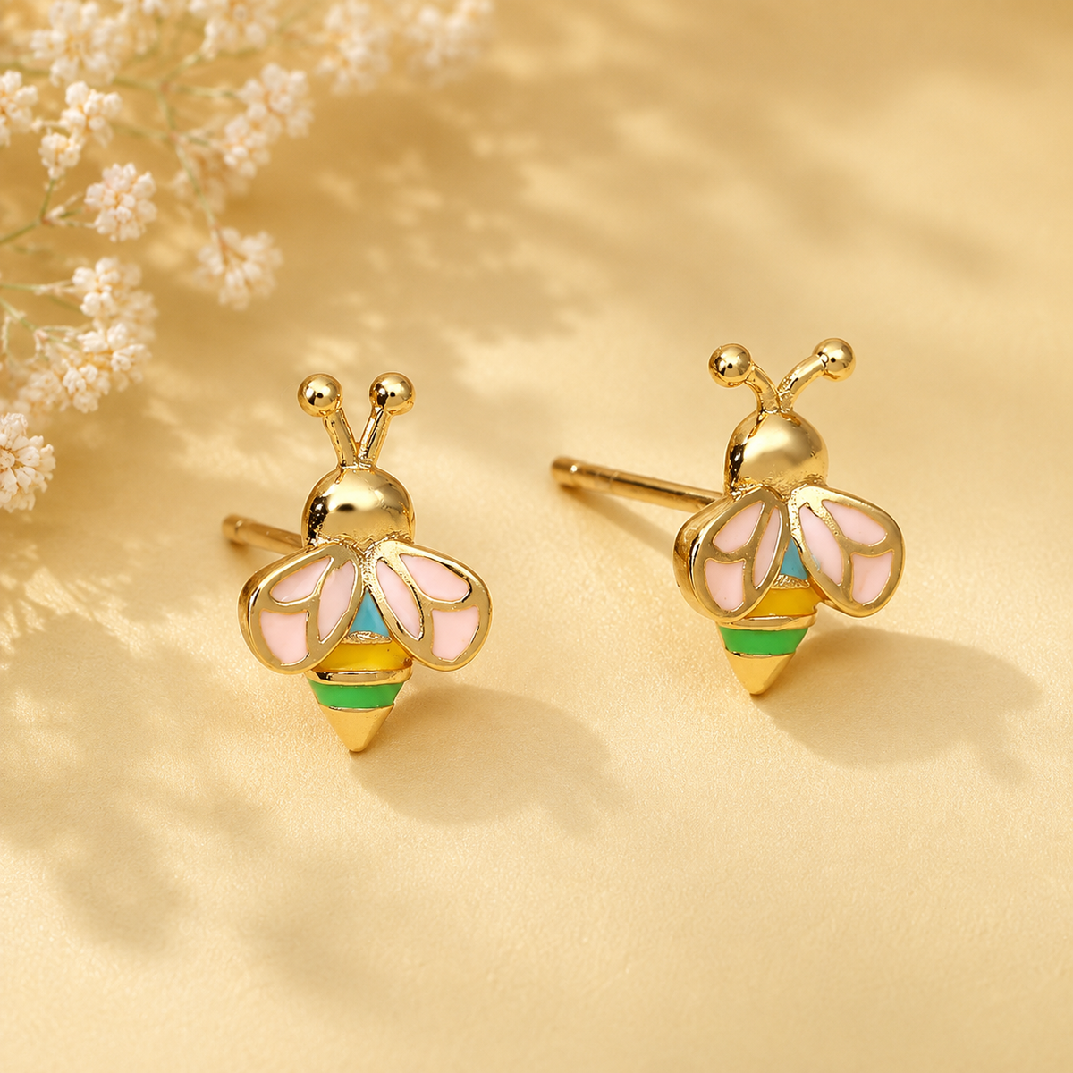Cute colorful bee stud earrings with pink wings and gold-tone detailing for women
