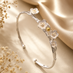 Silver floral open kada for women with delicate white flower detailing