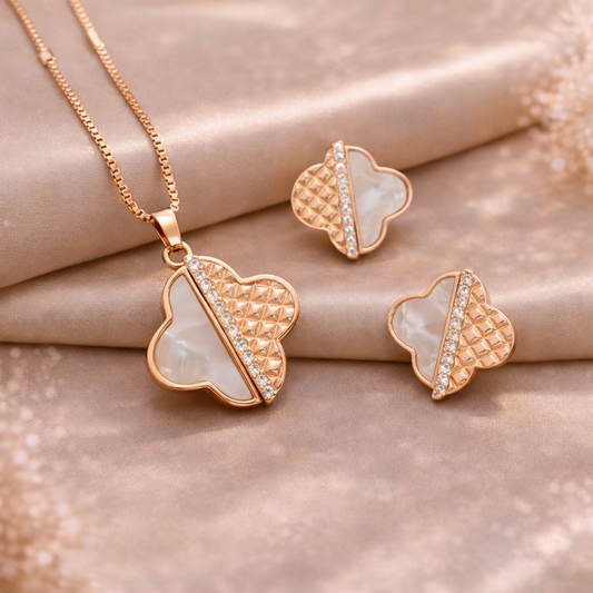Rose Gold Butterfly Pendant Set with Stud Earrings | American Diamond CZ Necklace Set for Women