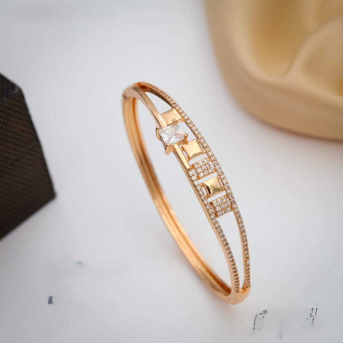 Rose Gold American Diamond Kada Bracelet for Women | CZ Stone Stylish Designer Bangle