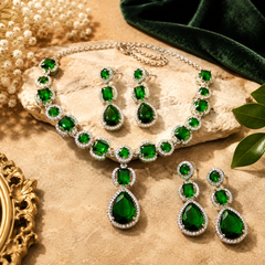 Emerald Green Crystal Necklace Set with Matching Earrings | Statement Jewellery Set for Women